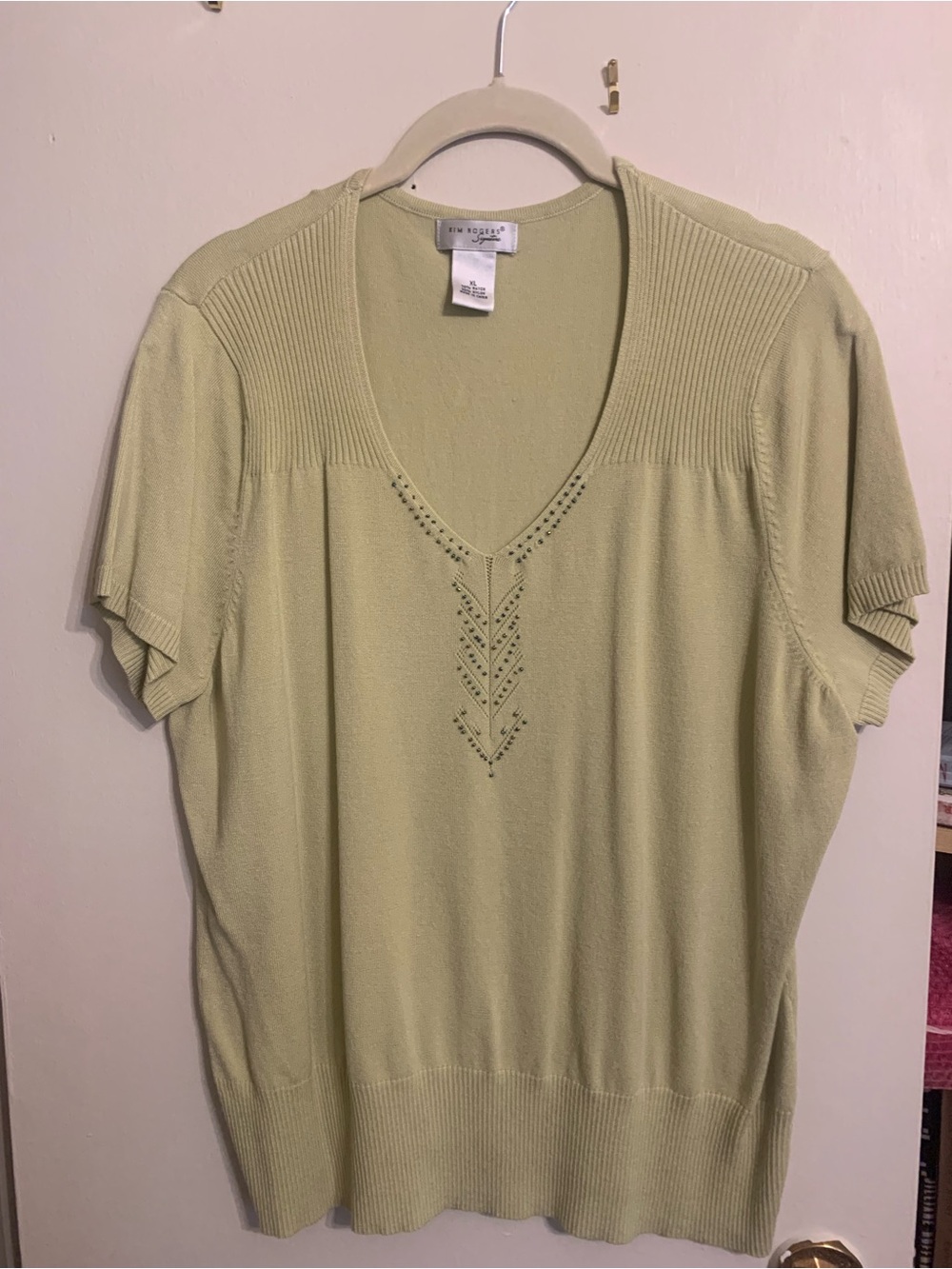 Kim Rogers Pale Green V-Neck Short Sleeve Knit Top